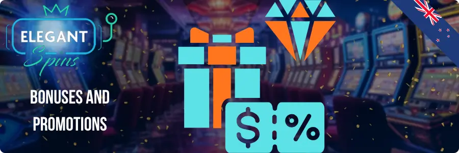 Elegant Spins banner with a gift box, diamond and discount icons promoting bonuses and promotions for NZ players