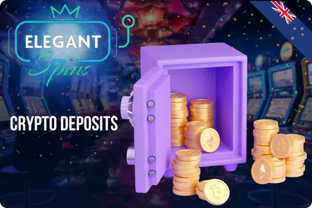 Purple safe filled with Bitcoin and Ethereum coins illustrating crypto deposits at Elegant Spins casino