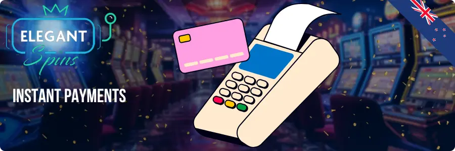 Card terminal with a pink bank card and receipt representing instant payments at Elegant Spins
