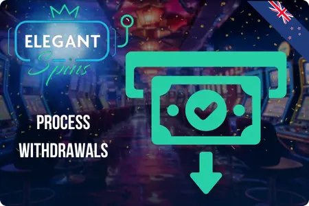 ATM icon dispensing a banknote with a checkmark, showing how withdrawals are processed at Elegant Spins
