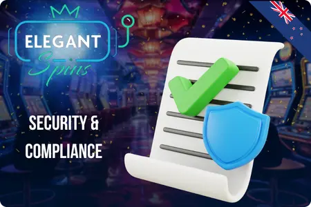 Document with a green checkmark and blue shield representing security and compliance at Elegant Spins